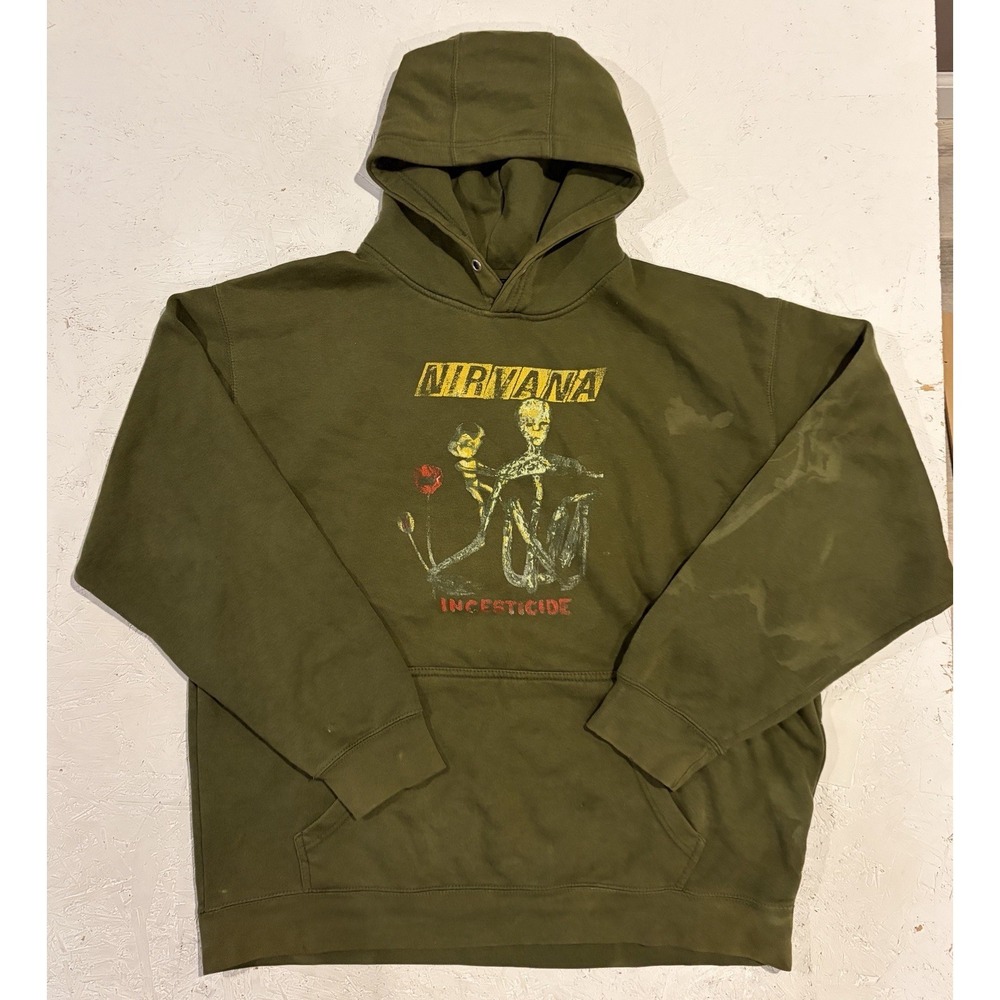 Nirvana Hoodie Mens 2XL Olive Brown Incesticide Grunge Rock Punk Kurt Cobain
